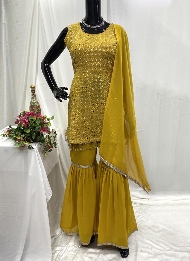 Georgette Yellow Festival Wear Hand Work Readymade Sharara Suit